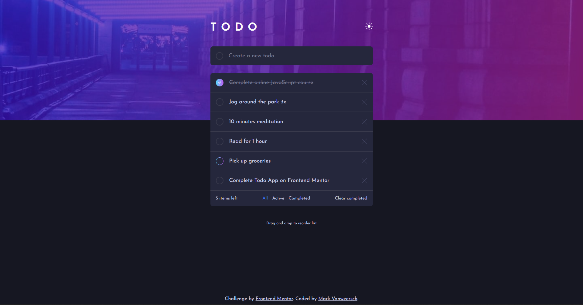 Screenshot of an interactive todo list